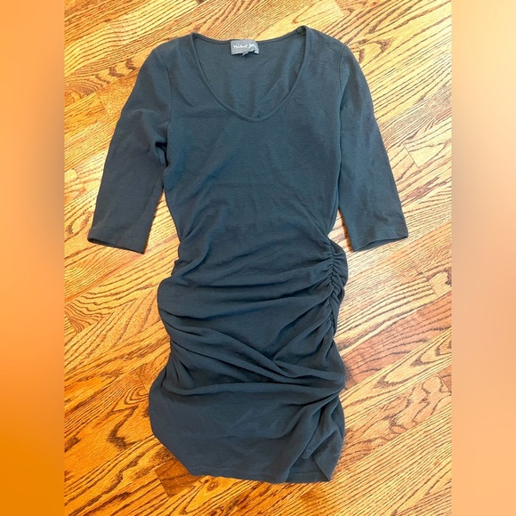 Michael Stars Ruched Midi Dress Black V-Neck 3/4 Sleeve - Picture 1 of 6